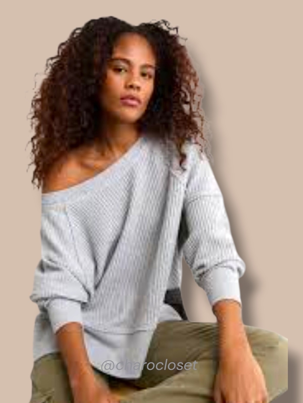 Nwt AE Big Hug Light Gray Off-the-Shoulder Waffle Sweatshirt